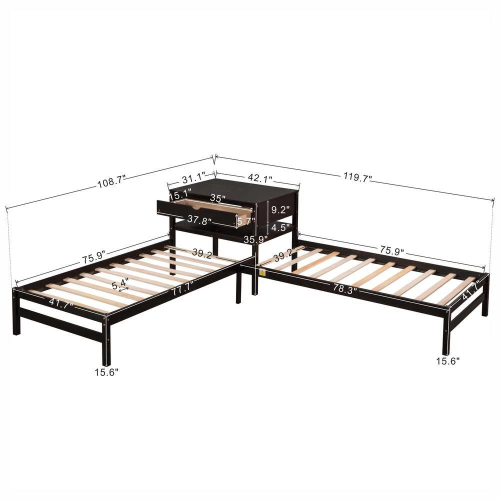 Espresso Twin Size L-Shaped Platform Beds with Drawer Linked with Built in Rectangle Table by GODEER - Image 4