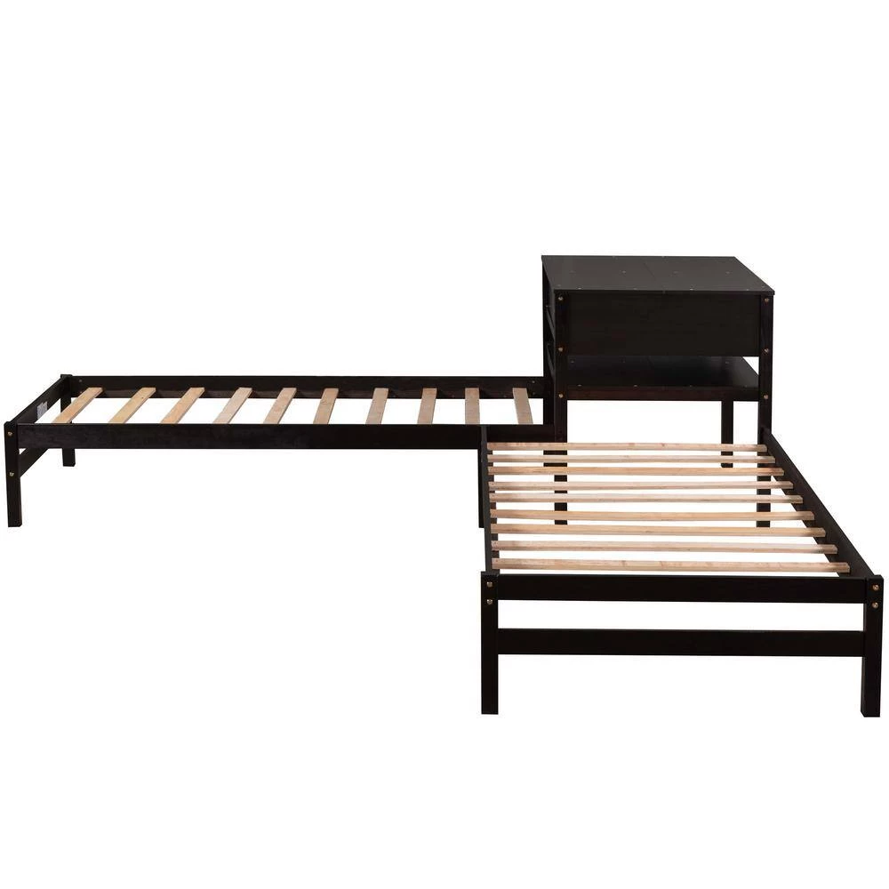 Espresso Twin Size L-Shaped Platform Beds with Drawer Linked with Built in Rectangle Table by GODEER - Image 5