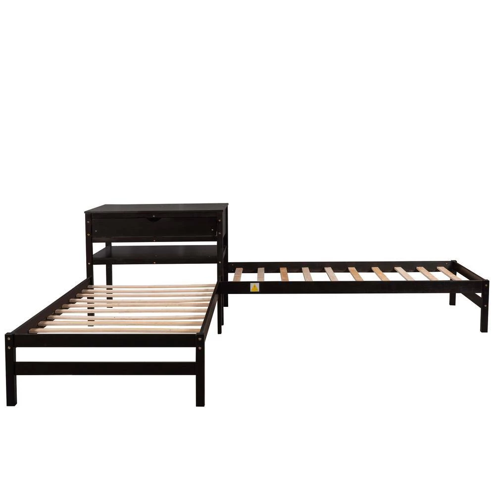 Espresso Twin Size L-Shaped Platform Beds with Drawer Linked with Built in Rectangle Table by GODEER - Image 3
