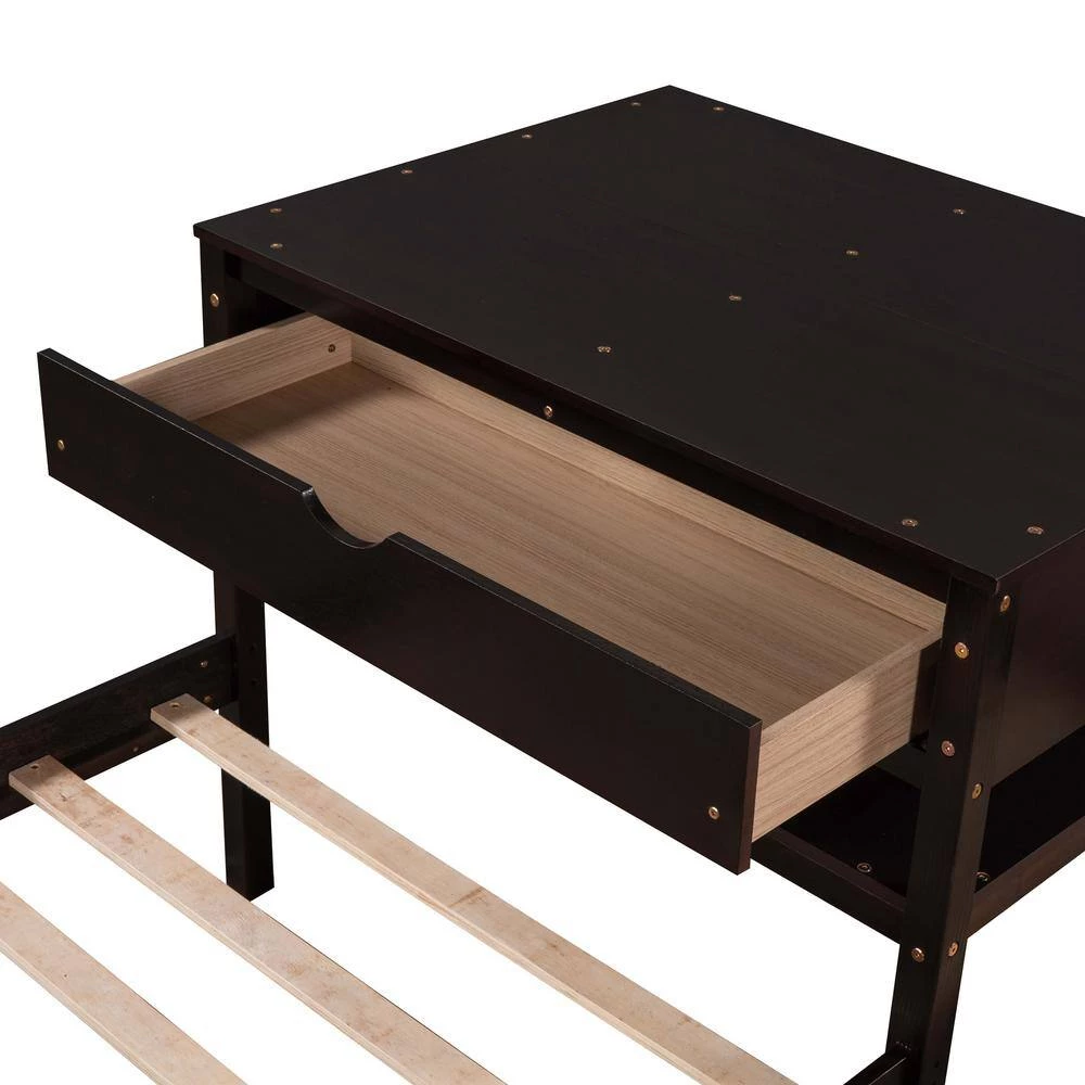 Espresso Twin Size L-Shaped Platform Beds with Drawer Linked with Built in Rectangle Table by GODEER - Image 6