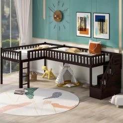 Espresso L-Shaped Twin Size Loft Bed with Staircase and Ladder by GODEER