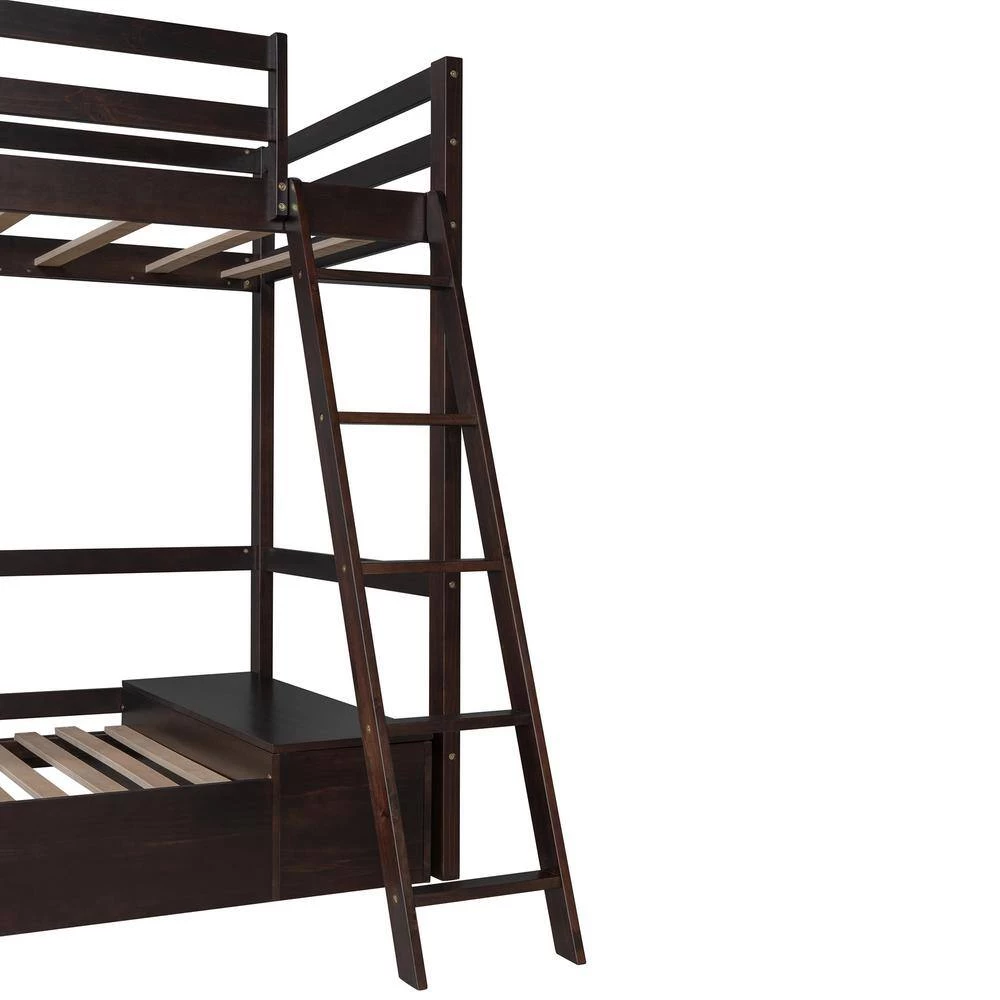Espresso Twin Size Loft Bed Wood Bed with Convertible Lower Bed, Storage Drawer and Shelf by GODEER - Image 9