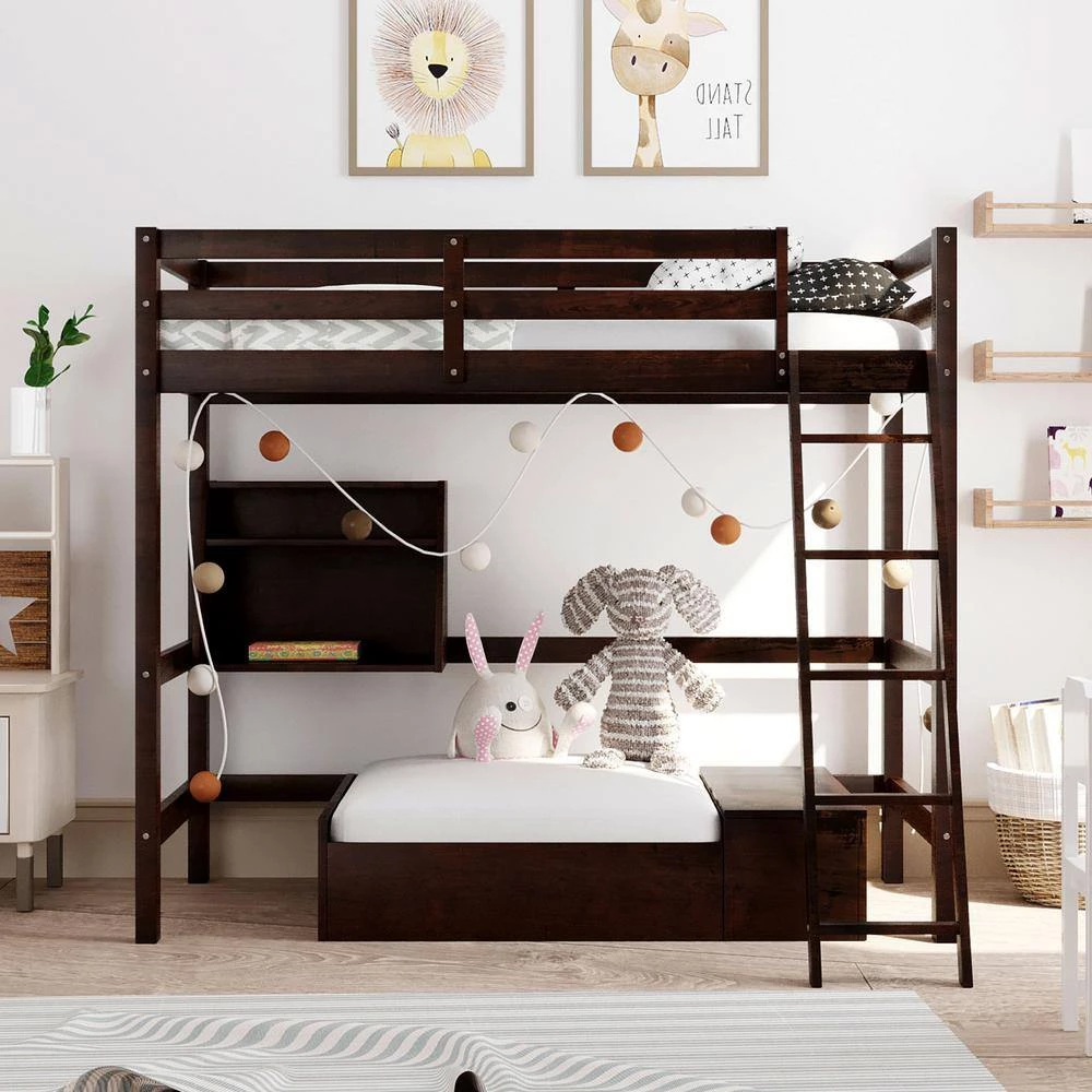 Espresso Twin Size Loft Bed Wood Bed with Convertible Lower Bed, Storage Drawer and Shelf by GODEER - Image 13