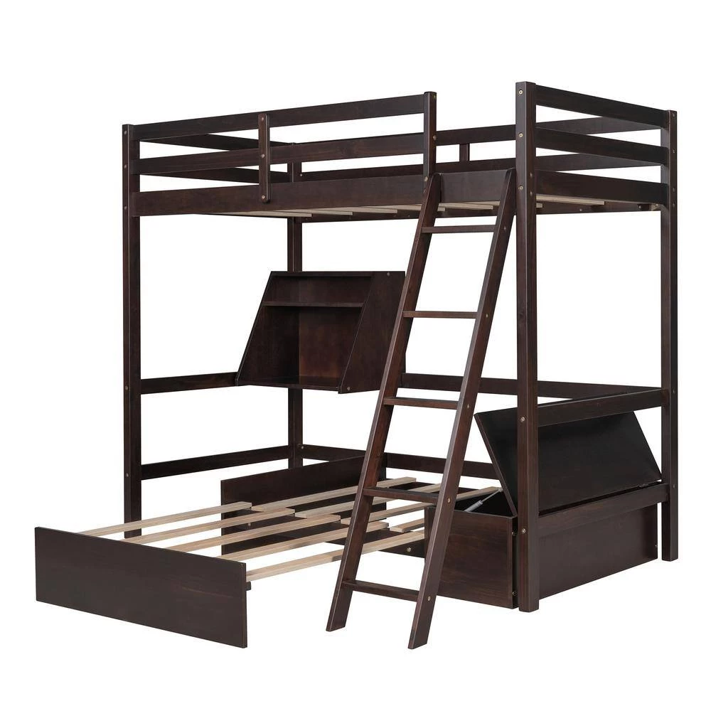 Espresso Twin Size Loft Bed Wood Bed with Convertible Lower Bed, Storage Drawer and Shelf by GODEER - Image 3