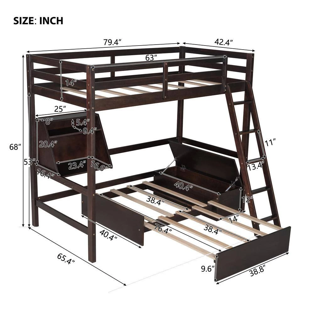 Espresso Twin Size Loft Bed Wood Bed with Convertible Lower Bed, Storage Drawer and Shelf by GODEER - Image 5