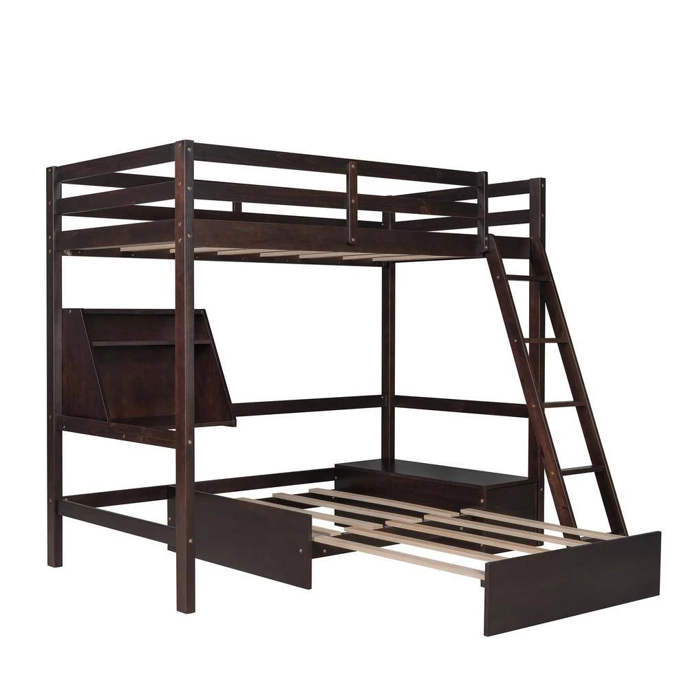 Espresso Twin Size Loft Bed Wood Bed with Convertible Lower Bed, Storage Drawer and Shelf by GODEER - Image 4