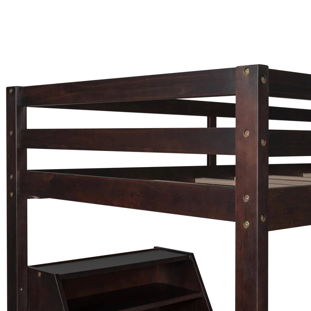 Espresso Twin Size Loft Bed Wood Bed with Convertible Lower Bed, Storage Drawer and Shelf by GODEER - Image 7