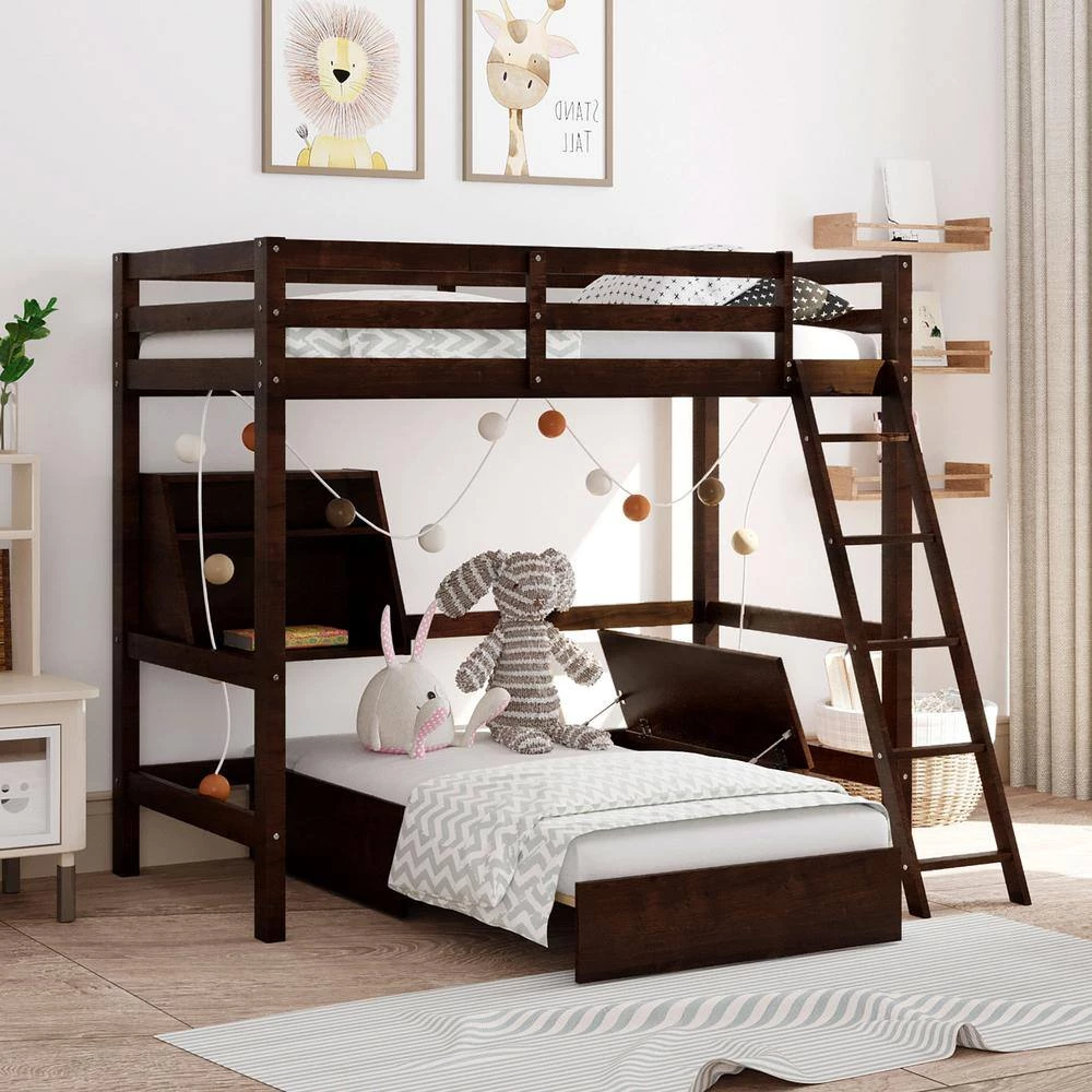 Espresso Twin Size Loft Bed Wood Bed with Convertible Lower Bed, Storage Drawer and Shelf by GODEER - Image 2
