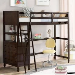 Espresso Twin Size Loft Bed with Drawers and Desk, Wooden Loft Bed with Shelves by GODEER