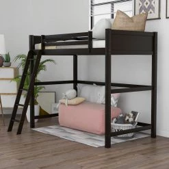 Espresso Solid Wood Twin Size Loft Bed with Ladder by GODEER