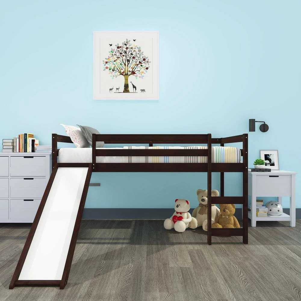 Espresso Twin Loft Bed with Slide, Multifunctional Design by GODEER - Image 9