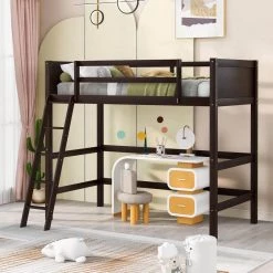 Espresso Solid Wood Twin Size Loft Bed with Ladder by GODEER