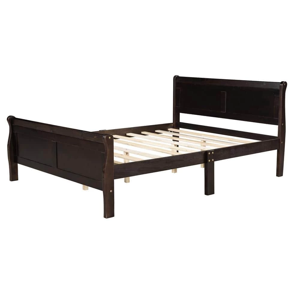 87 in. W Espresso Queen Size Wood Frame Platform Bed with Headboard and Wooden Slat Support by GODEER - Image 3