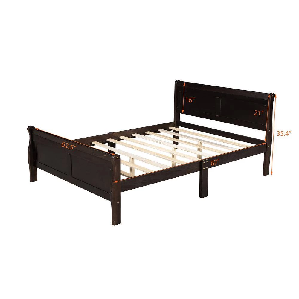 87 in. W Espresso Queen Size Wood Frame Platform Bed with Headboard and Wooden Slat Support by GODEER - Image 5