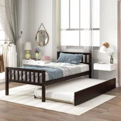 79.73 in. W Espresso Twin Wood Frame Platform Bed with Trundle, Headboard and Footboard, for Bedroom Small Living Space by GODEER