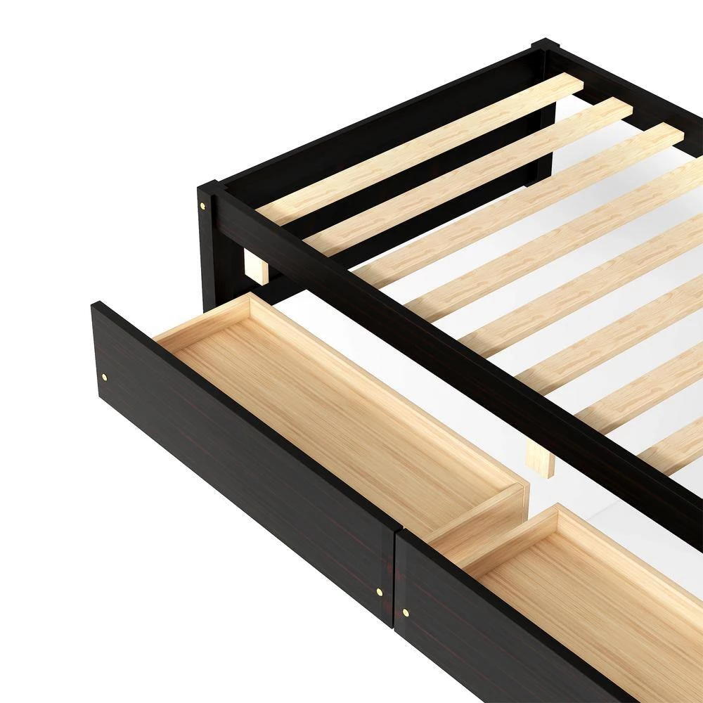 80 in. W Espresso Twin Bed with 2 Drawers, Solid Wood Frame, No Box Spring Needed by GODEER - Image 6