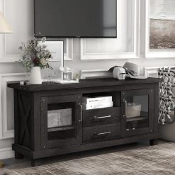57.90 in. Espresso TV Stand with 2-Drawers Fits TV's up to 65 in. with Open Style Shelves Glass Doors by GODEER