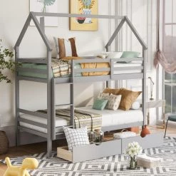 Gray Twin Over Twin House Bunk Bed with Two Drawers and Chimney Design by GODEER