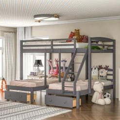 Gray Full Over Twin and Twin Bunk Bed Triple Bunk Bed with Drawers by GODEER