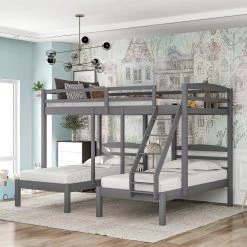 Gray Full Over Twin and Twin Bunk Bed Triple Bunk Bed by GODEER