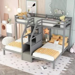 Gray Twin Bunk Bed with Built-in Staircase and Little Drawer by GODEER