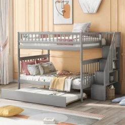 Gray Full Bunk Bed with Trundle and Staircase by GODEER