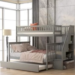 Gray Twin Over Full Bunk Bed with Trundle and Staircase by GODEER