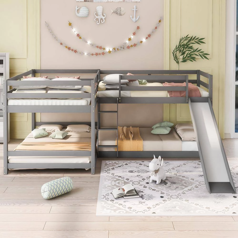 Gray Full and Twin Size L-Shaped Bunk Bed with Slide and Short Ladder by GODEER - Image 9