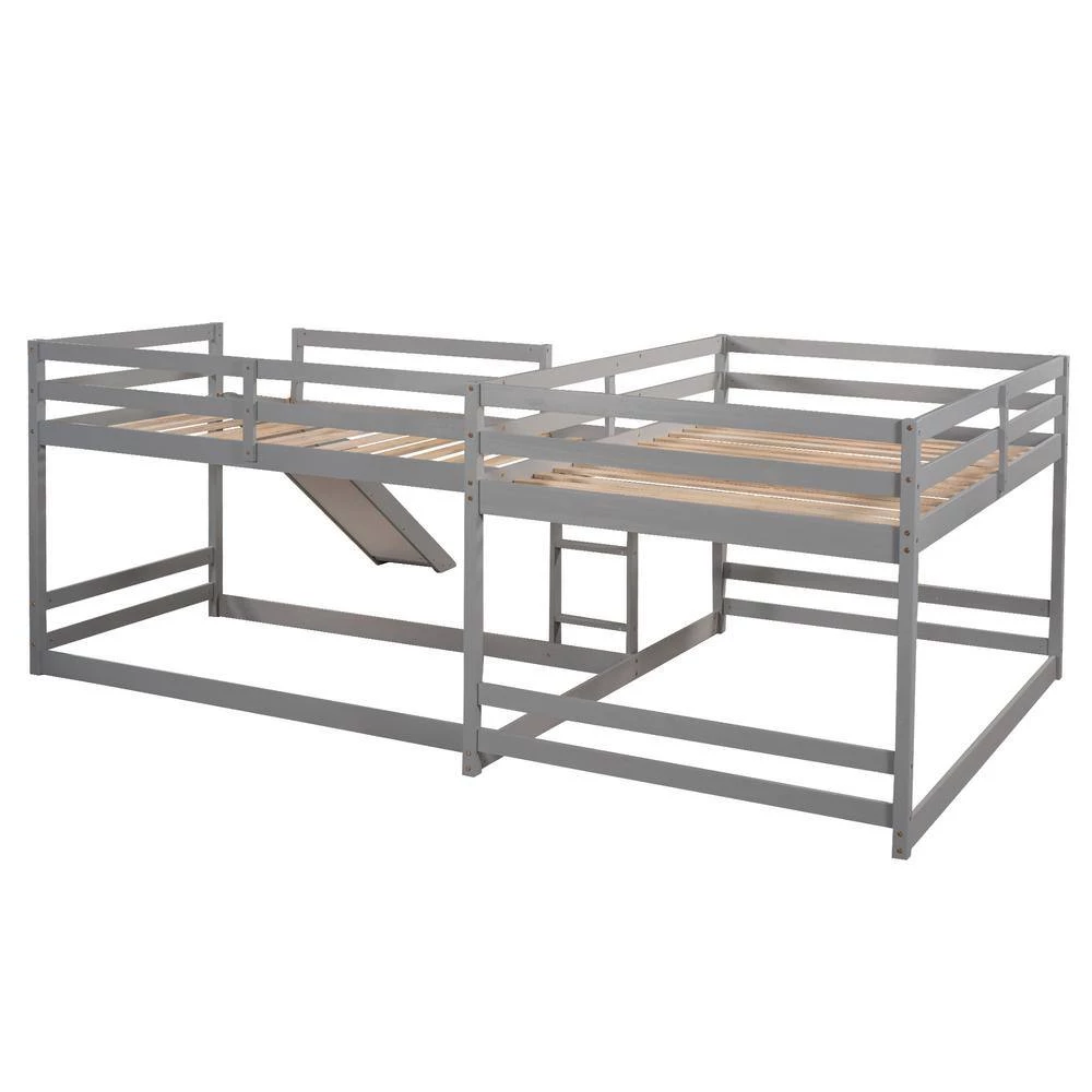 Gray Full and Twin Size L-Shaped Bunk Bed with Slide and Short Ladder by GODEER - Image 2