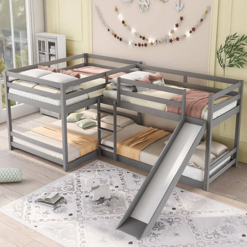 Gray Full and Twin Size L-Shaped Bunk Bed with Slide and Short Ladder by GODEER