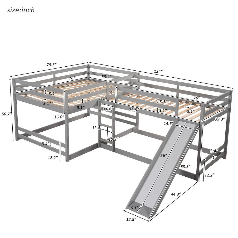 Gray Full and Twin Size L-Shaped Bunk Bed with Slide and Short Ladder by GODEER - Image 4