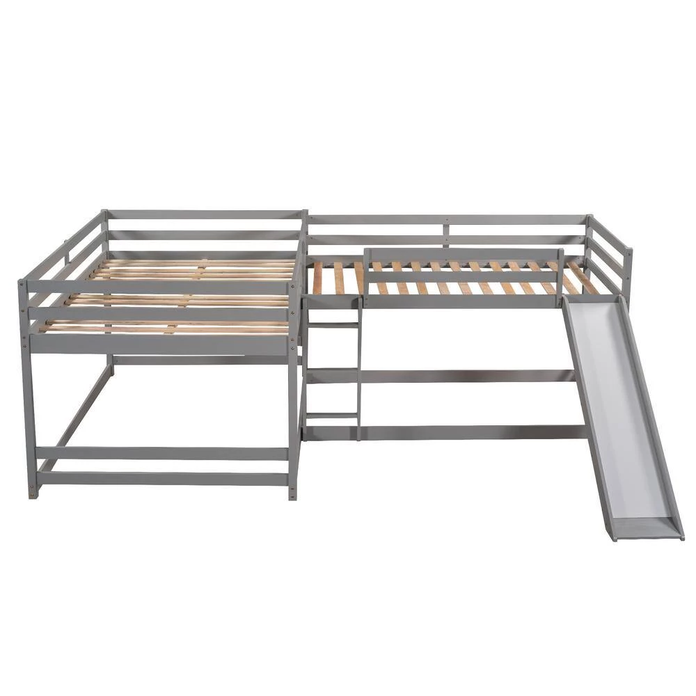 Gray Full and Twin Size L-Shaped Bunk Bed with Slide and Short Ladder by GODEER - Image 5