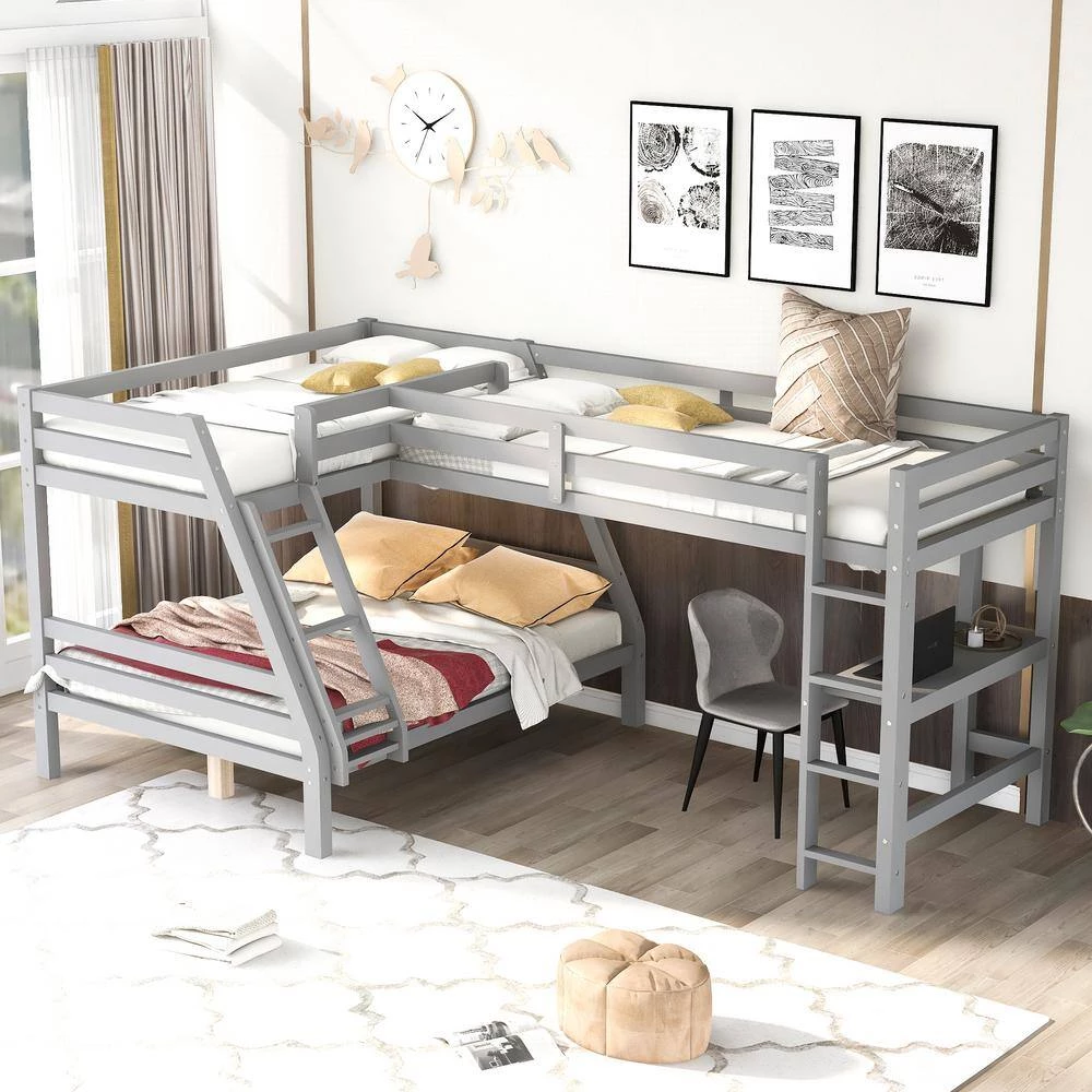 Gray L-Shaped Twin Over Full Bunk Bed and Twin Size Loft Bed with Built-in. Desk by GODEER - Image 10