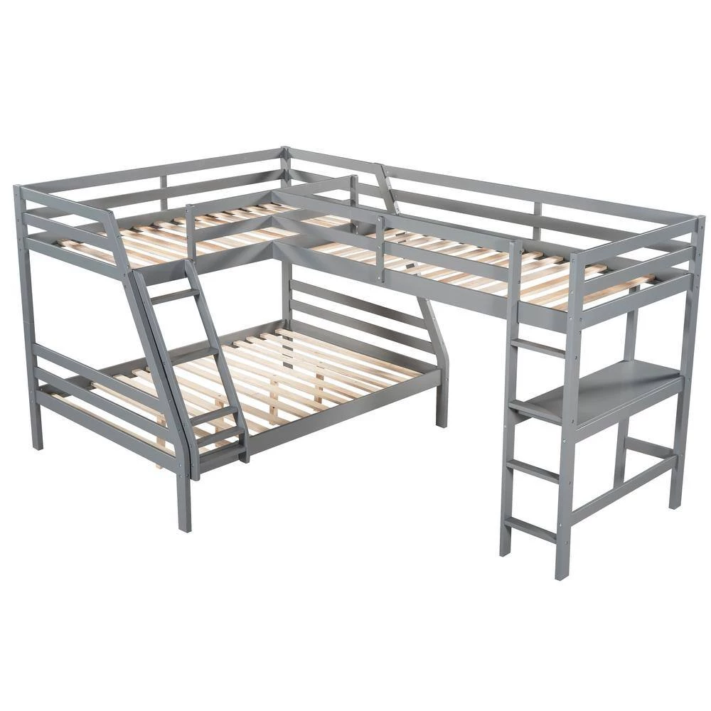 Gray L-Shaped Twin Over Full Bunk Bed and Twin Size Loft Bed with Built-in. Desk by GODEER - Image 2