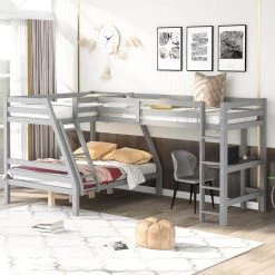 Gray L-Shaped Twin Over Full Bunk Bed and Twin Size Loft Bed with Built-in. Desk by GODEER