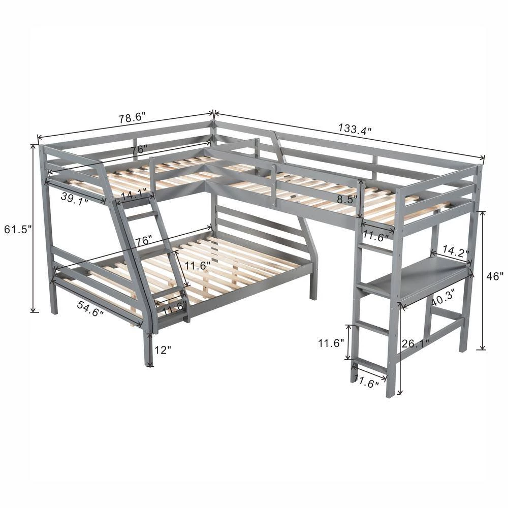 Gray L-Shaped Twin Over Full Bunk Bed and Twin Size Loft Bed with Built-in. Desk by GODEER - Image 4