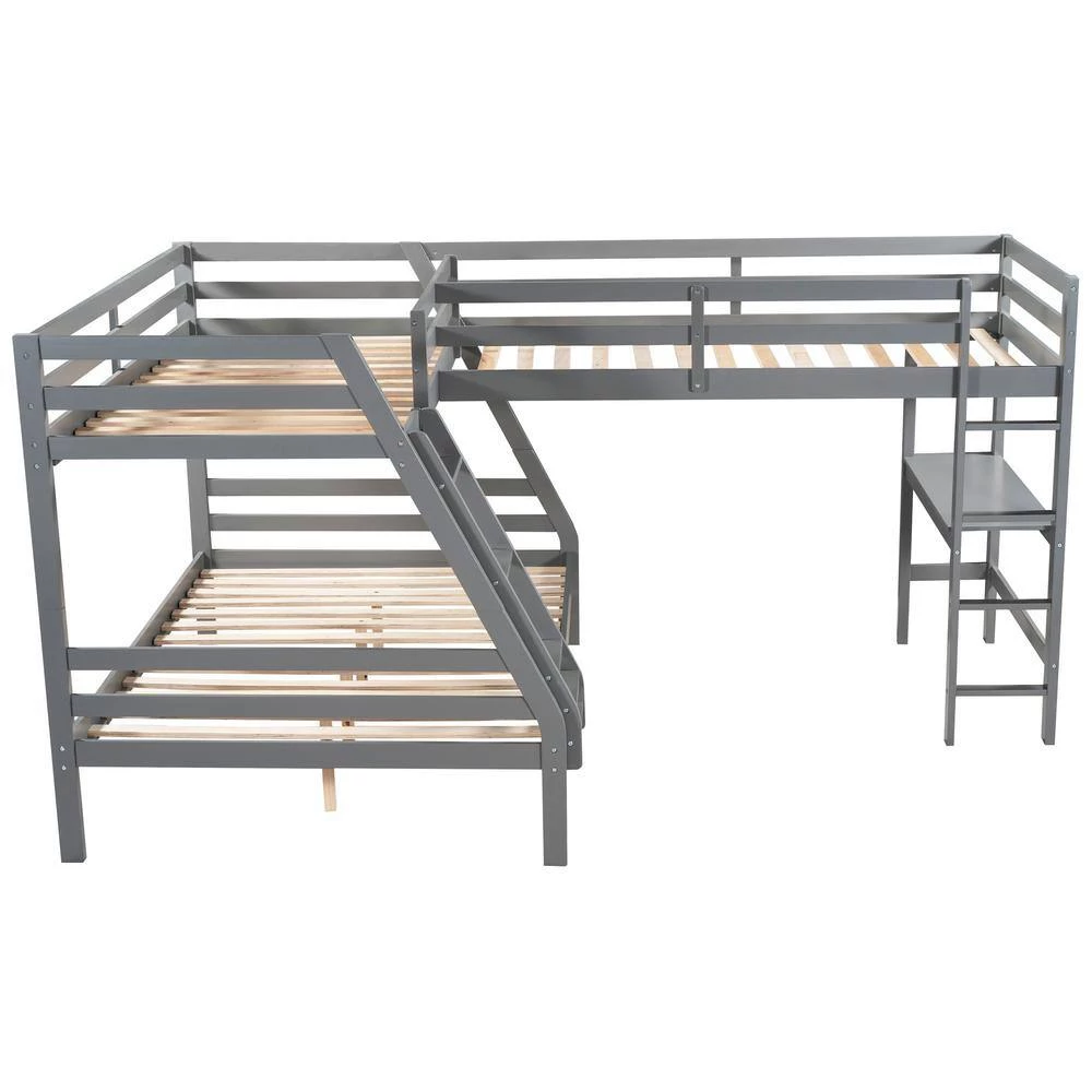 Gray L-Shaped Twin Over Full Bunk Bed and Twin Size Loft Bed with Built-in. Desk by GODEER - Image 5