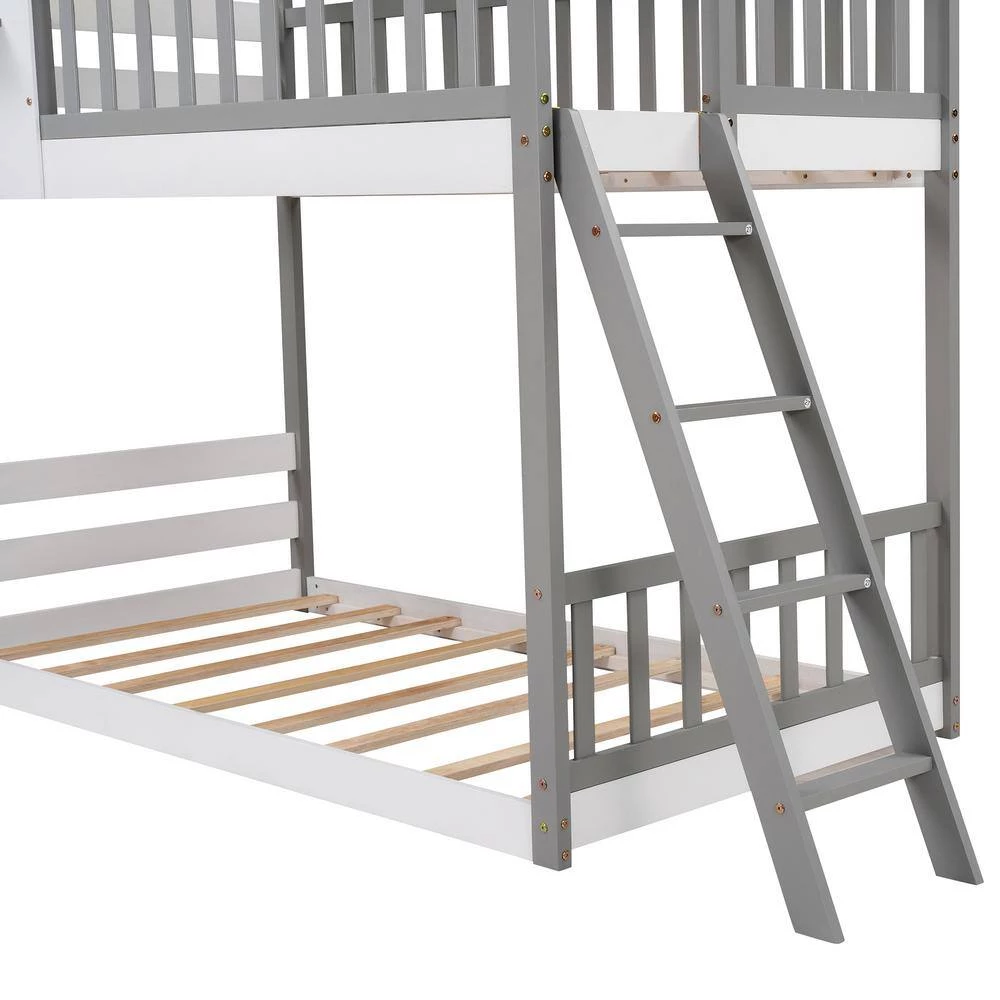 Gray Twin Bunk Bed Wood Bed with Roof, Window, Ladder by GODEER - Image 9