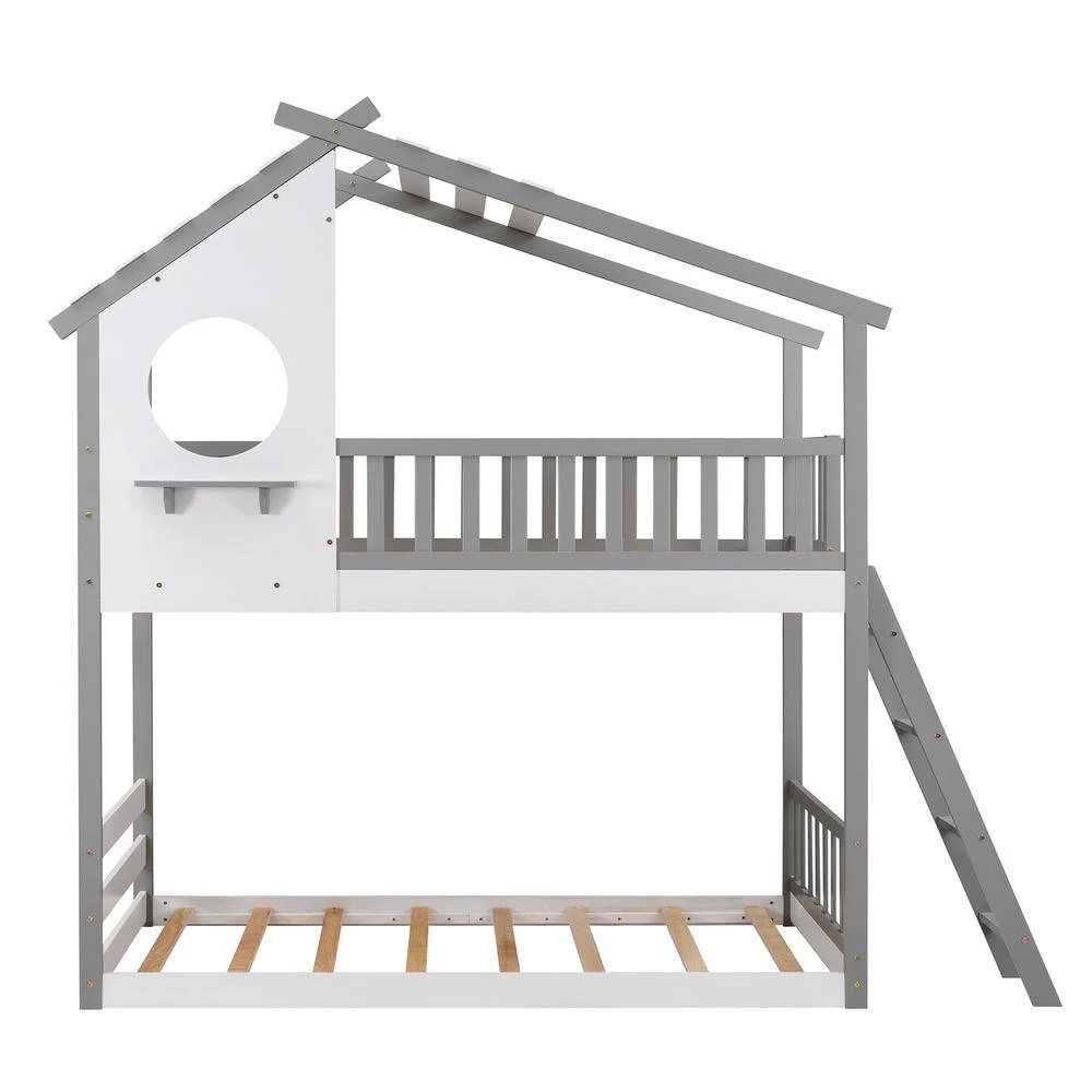 Gray Twin Bunk Bed Wood Bed with Roof, Window, Ladder by GODEER - Image 3
