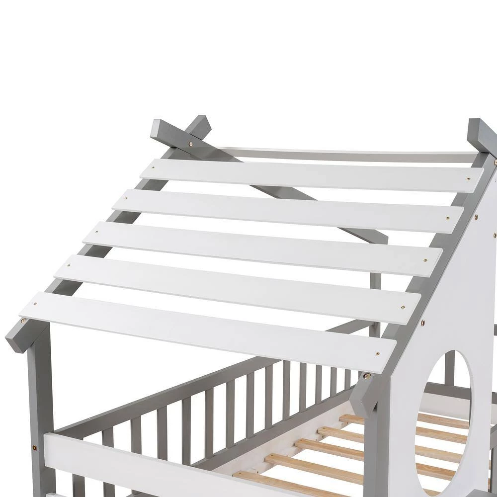 Gray Twin Bunk Bed Wood Bed with Roof, Window, Ladder by GODEER - Image 10