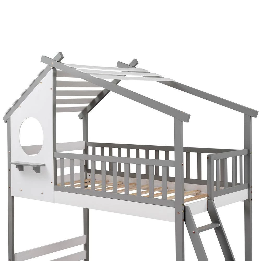 Gray Twin Bunk Bed Wood Bed with Roof, Window, Ladder by GODEER - Image 8