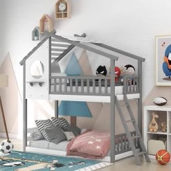 Gray Twin Bunk Bed Wood Bed with Roof, Window, Ladder by GODEER