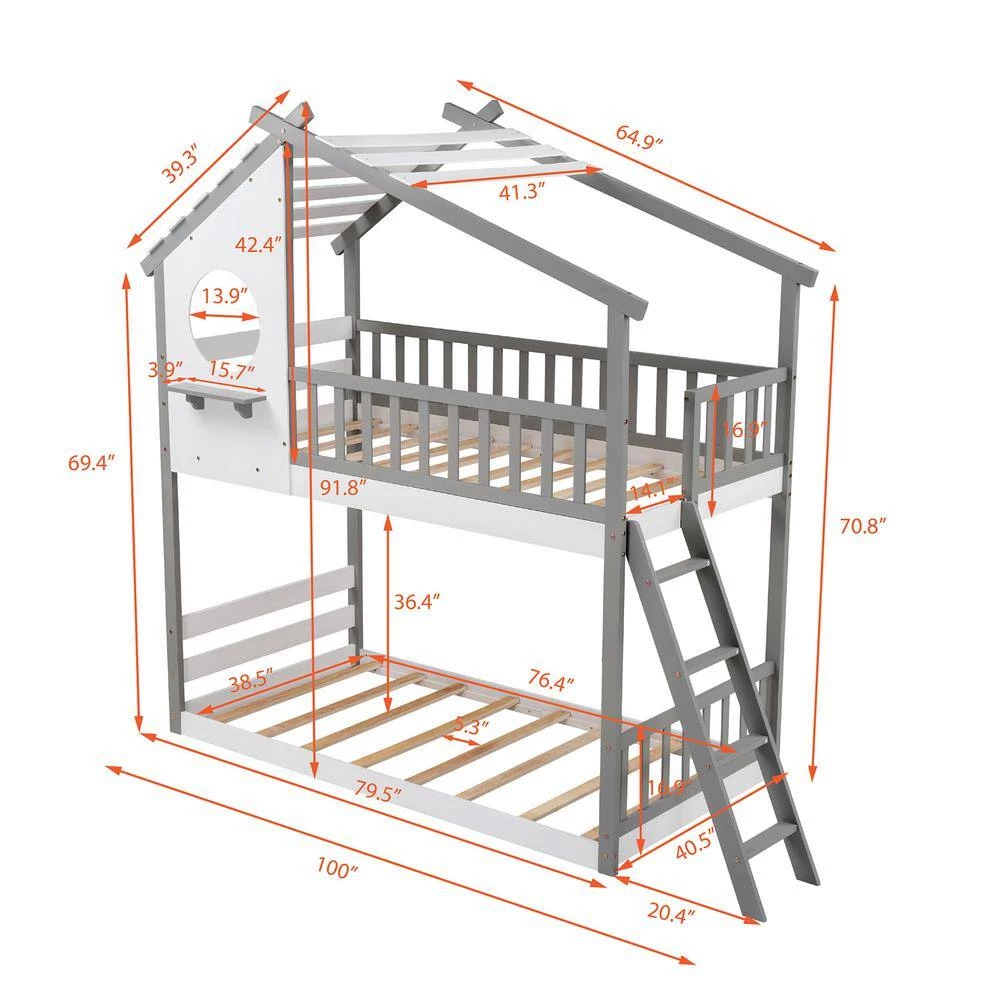 Gray Twin Bunk Bed Wood Bed with Roof, Window, Ladder by GODEER - Image 5