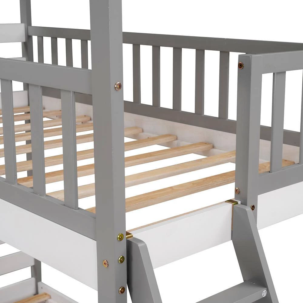 Gray Twin Bunk Bed Wood Bed with Roof, Window, Ladder by GODEER - Image 12
