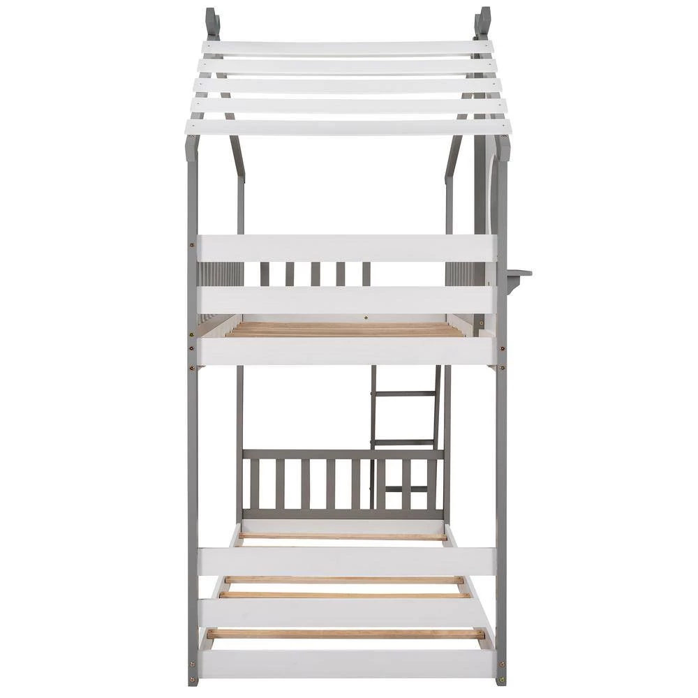Gray Twin Bunk Bed Wood Bed with Roof, Window, Ladder by GODEER - Image 4