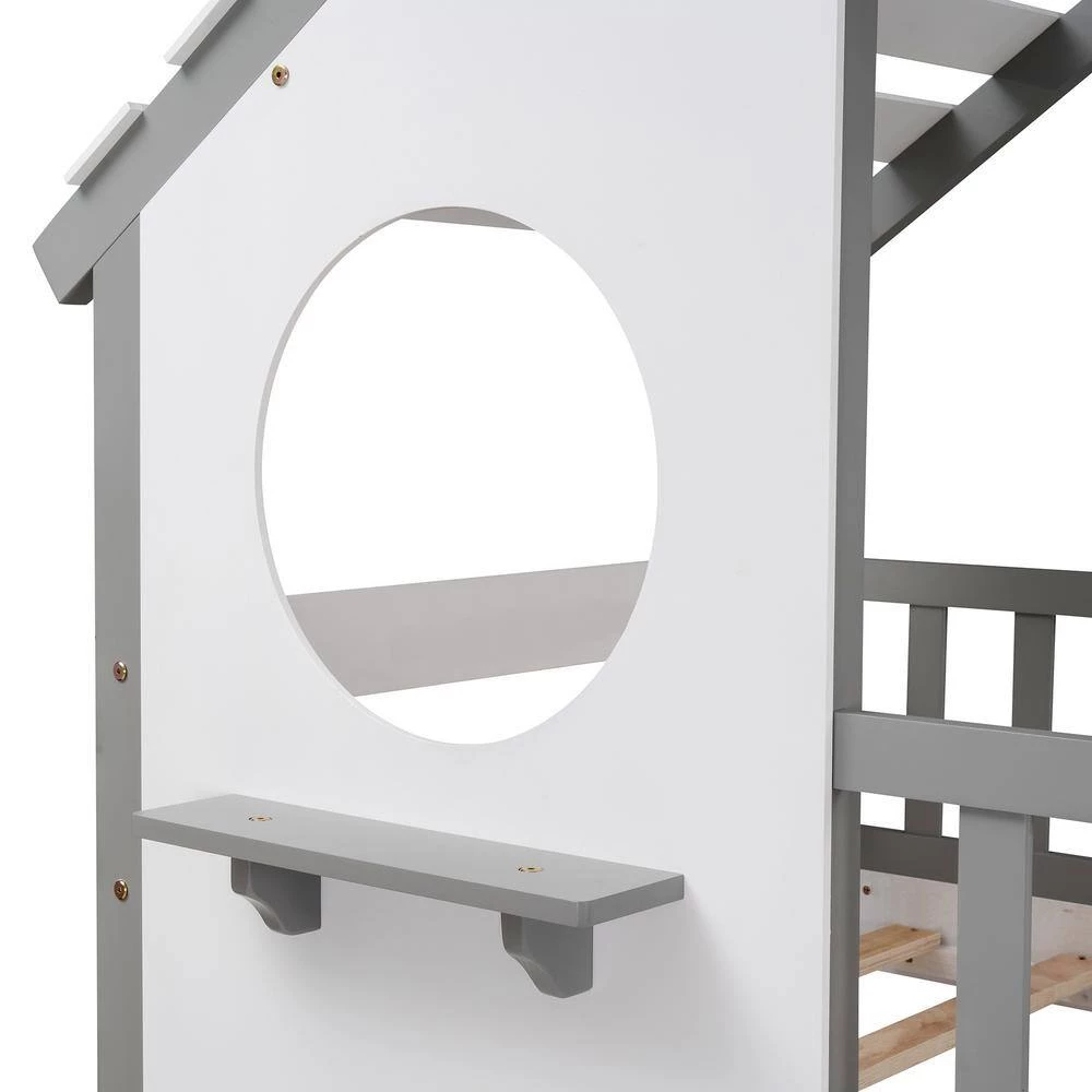 Gray Twin Bunk Bed Wood Bed with Roof, Window, Ladder by GODEER - Image 7