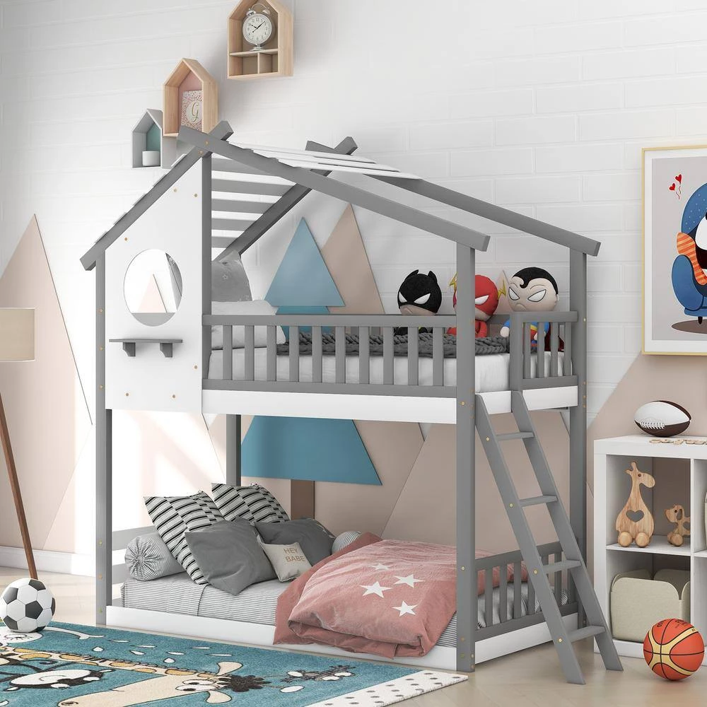 Gray Twin Bunk Bed Wood Bed with Roof, Window, Ladder by GODEER - Image 2