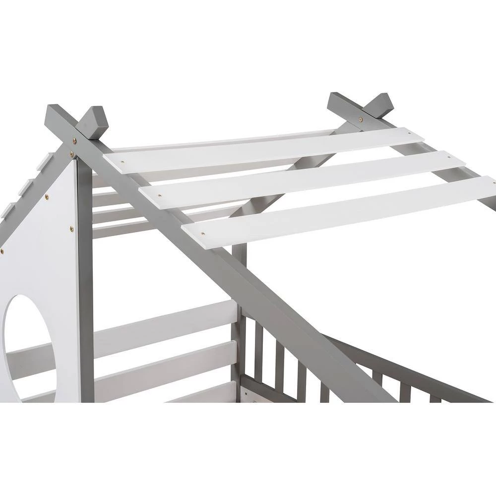 Gray Twin Bunk Bed Wood Bed with Roof, Window, Ladder by GODEER - Image 11