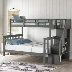 Gray Twin-Over-Full Bunk Bed with Storage by GODEER