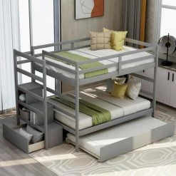 Gray Full over Full Bunk Bed with Twin Size Trundle by GODEER